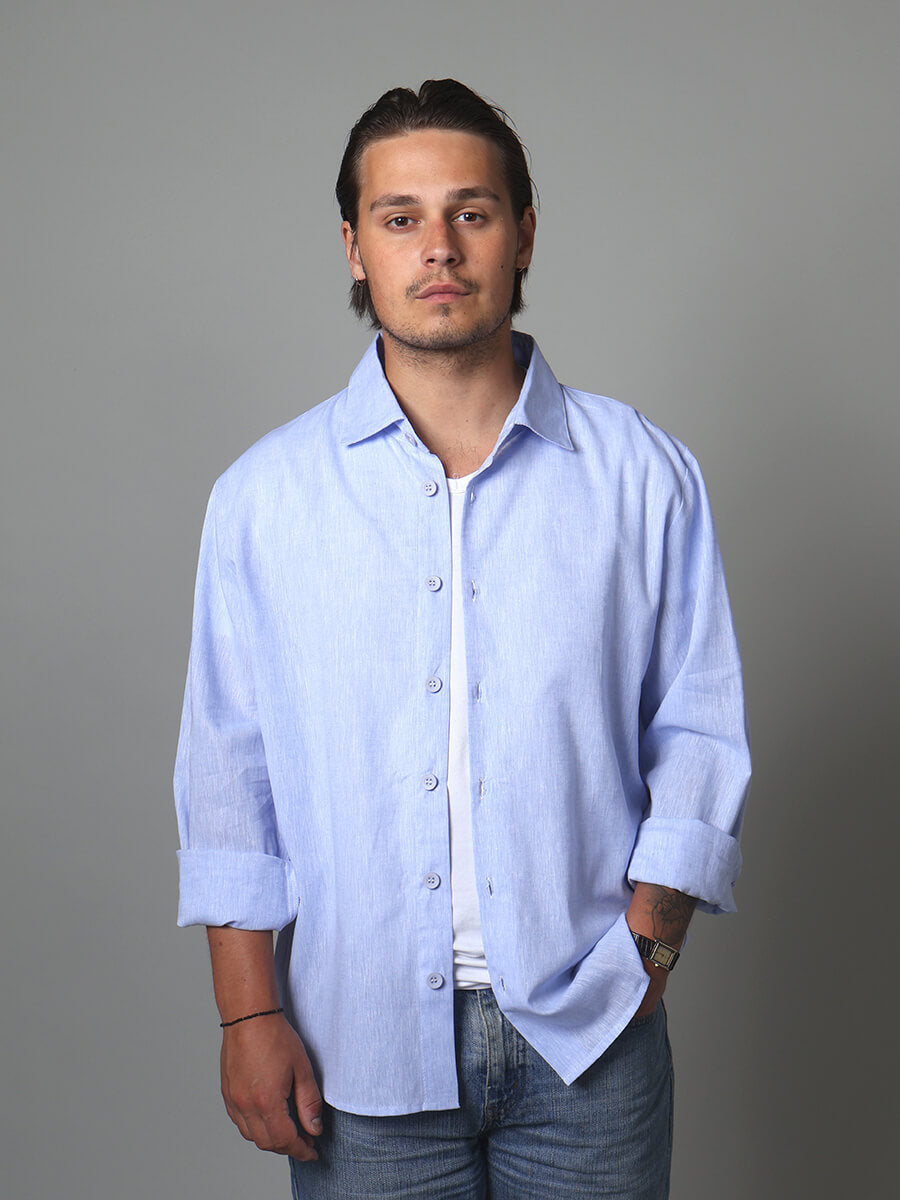 Casual fit pellava-puuvillakauluspaita